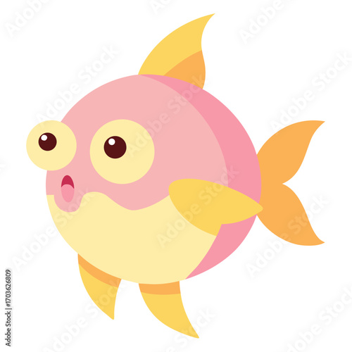 Cartoon pink and yellow goldfish with surprised expression isolated on white background in flat design