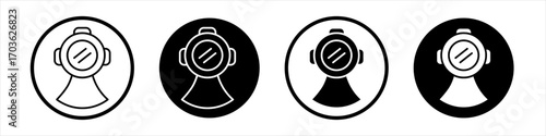 Diving helmet icon collection in black and white filled and outlined style for web.