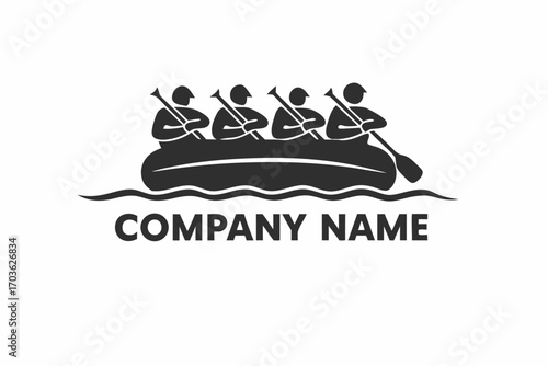 Four silhouetted paddlers row a raft across rippling water showing company name