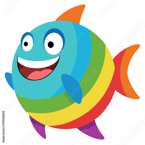 Cartoon Rainbow Fish Smiling Brightly with Colorful Fins and Stripes Swimming Happily In the Ocean