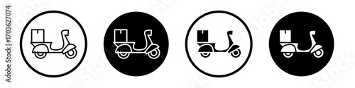 Delivery scooter icon collection in black and white filled and outlined style for web.