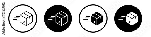 Delivering box icon collection in black and white filled and outlined style for web.