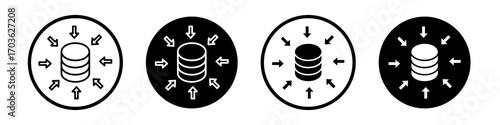 Data aggregation icon collection in black and white filled and outlined style for web.