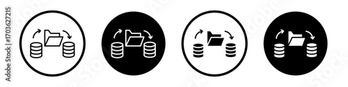 Data migration icon collection in black and white filled and outlined style for web.