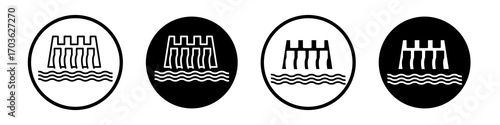 Dam icon collection in black and white filled and outlined style for web.