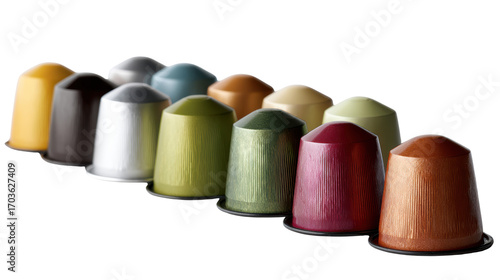 Colorful coffee pods displayed in a row on a white isolate background.