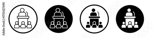 Convention icon collection in black and white filled and outlined style for web.
