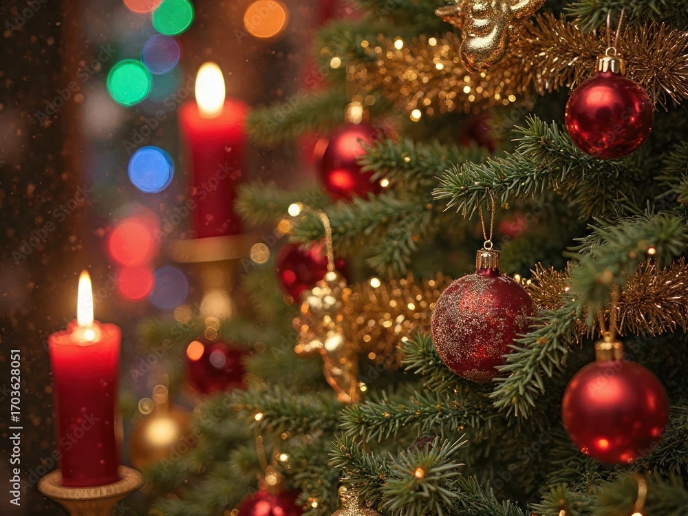 Fototapeta premium Festive Christmas tree adorned with red ornaments and candles, glowing lights in the background