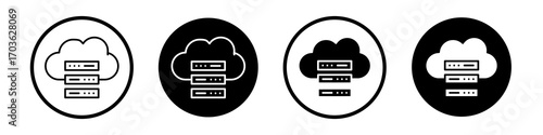 Cloud server icon collection in black and white filled and outlined style for web.