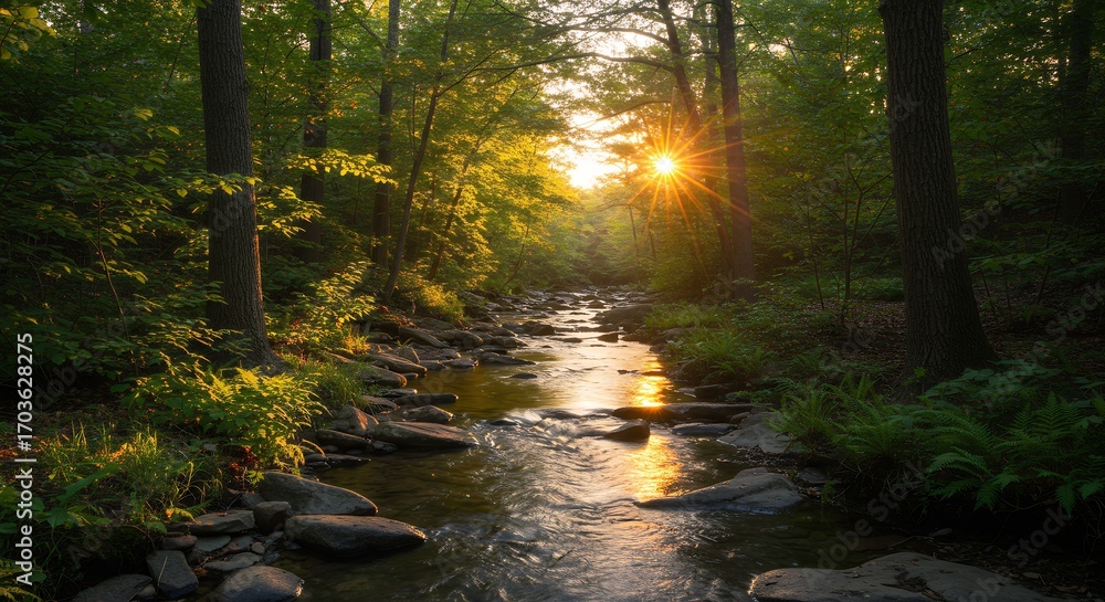 Obraz premium Forest Stream at Sunset