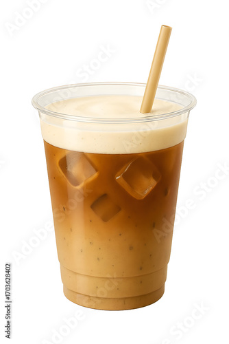 Refreshing iced coffee with creamy foam and ice cubes