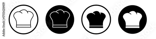 Chef hat icon collection in black and white filled and outlined style for web.