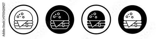 Cheese burger icon collection in black and white filled and outlined style for web.