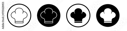 Chef hat icon collection in black and white filled and outlined style for web.