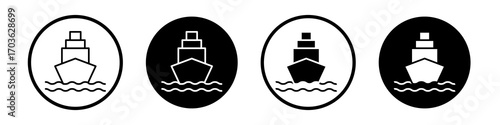 Cargo Ship icon collection in black and white filled and outlined style for web.
