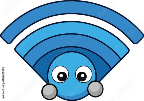 Funny cartoon wifi signal character hiding behind invisible wall concept for network connectivity problems vector