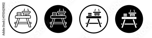 Camp table icon collection in black and white filled and outlined style for web.