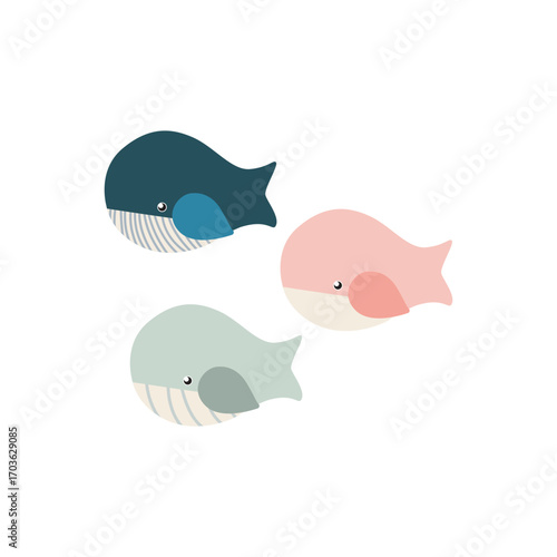 Pastel fish trio. Three soft colored fish icons, gentle, playful sea set.