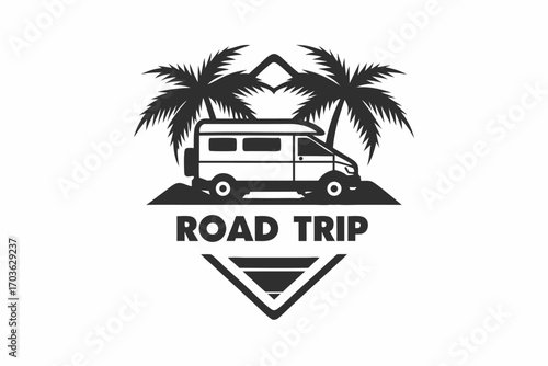 Isolated monochrome campervan showcases road trip logo flanked by lush palm trees