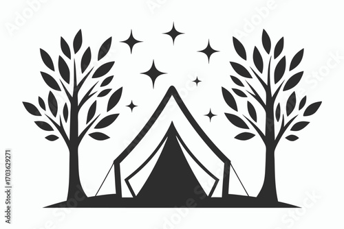 Isolated monochrome illustration depicts outdoor camping tent between leafy trees under starry sky