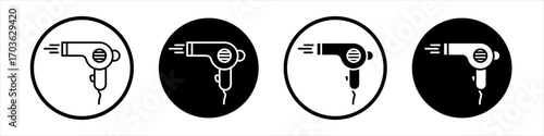 Blow dryer icon collection in black and white filled and outlined style for web.