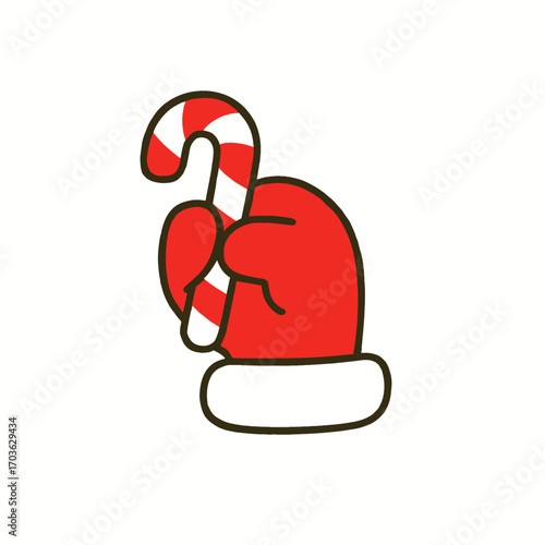 Festive red mitten holding a classic red and white candy cane