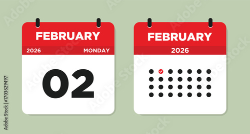 February 2 2026 Monday Calendar Page Vector Illustration. 2 February calendar page. Day calendar with date February 2. Week Starts on Sunday. event reminder illustration. Modern Calendar template icon