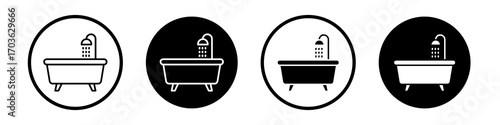Bathtube icon collection in black and white filled and outlined style for web.