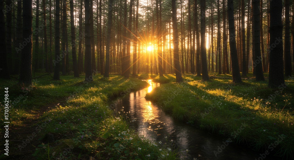 Obraz premium Forest Stream at Sunset