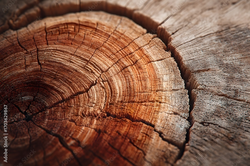 Fototapeta premium Brown tree rings with cracks and light reflections.