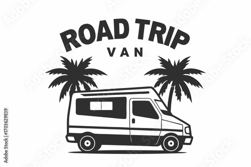 Isolated van with road trip text and palm trees suggests adventure travel