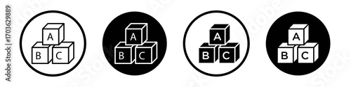 Baby ABC cubes icon collection in black and white filled and outlined style for web.