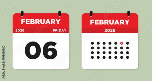 February 6 2026 Friday Calendar Page Vector Illustration. 6 February calendar page. Day calendar with date February 6. Week Starts on Sunday. event reminder illustration. Modern Calendar template icon