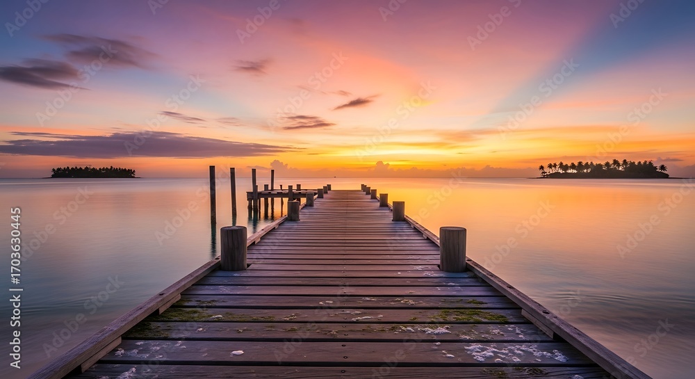 Obraz premium Serene Sunset Pier Over Calm Ocean Water.