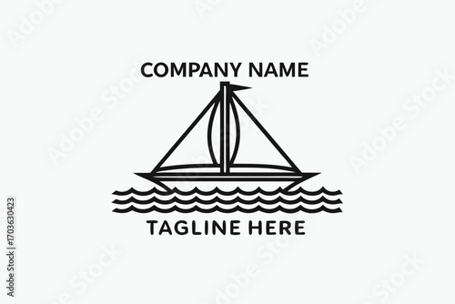 Minimalist line shows a sailboat on stylized waves beneath company details