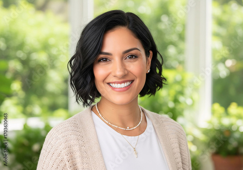 Radiant Smile: Portrait of a cheerful person, radiating warmth and positivity. set against a serene backdrop, is an embodiment of joy and contentment.