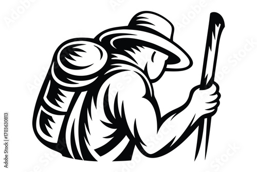 Monochromatic illustration of a hiker wearing a hat carrying a backpack and trekking pole
