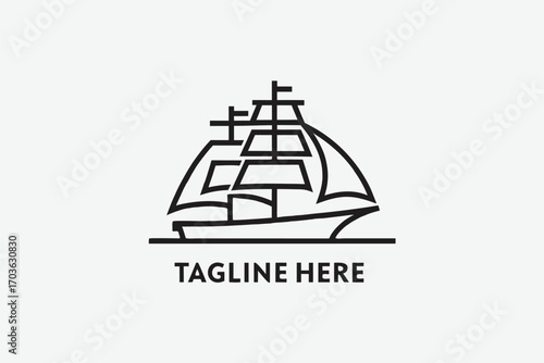 Monochromatic line drawing presents sailing ship on white with bold horizontal lines below ship