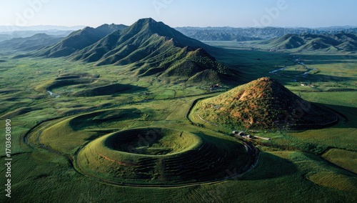 Aerial view Sunrise over volcanic hills, green valley, road