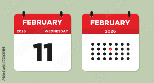 February 11 2026 Wednesday Calendar Page Vector Illustration. 11 February calendar page. Day calendar with date February 11. Week Starts on Sunday. Modern Calendar template icon.