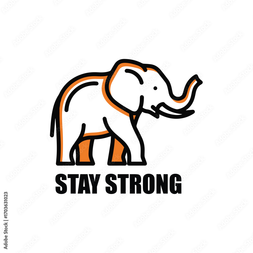Obraz premium Vector illustration of orange and black elephant with 'STAY STRONG' text, motivational sticker or t-shirt design element, isolated on transparent background, png