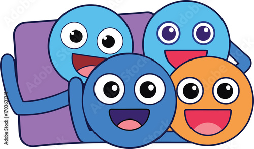 Joyful social media emoticon characters posing for a fun group selfie illustration for digital content vector