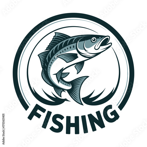 Dynamic illustration of a leaping fish within a circular emblem with the word fishing