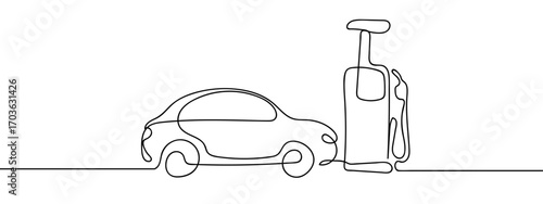 Continuous line vector illustration of car and gas pump. Editable stroke.