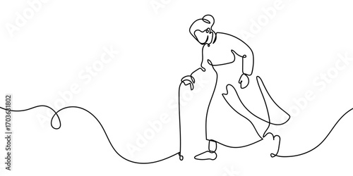 Continuous line vector illustration of a grandmother walking with a cane. Strokes are editable.