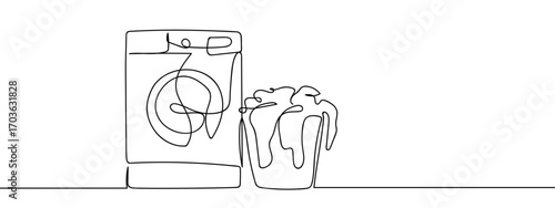 Continuous line vector illustration of washing machine and clothes basket. Editable stroke.