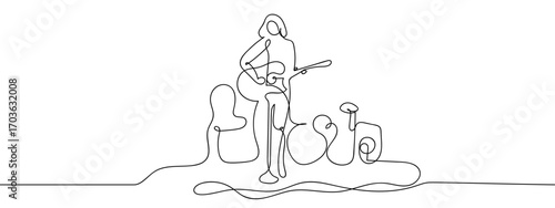 Continuous line vector illustration of a female musician. Editable stroke.