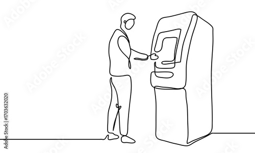 Continuous line vector illustration of businessman withdrawing money from ATM. Editable stroke.