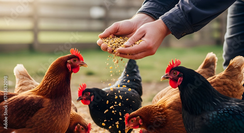 Feeding time with chickens: Farmer cares for poultry by hand with wholesome feed