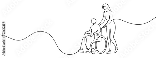 Continuous vector line of a person in a wheelchair, stroke editable.